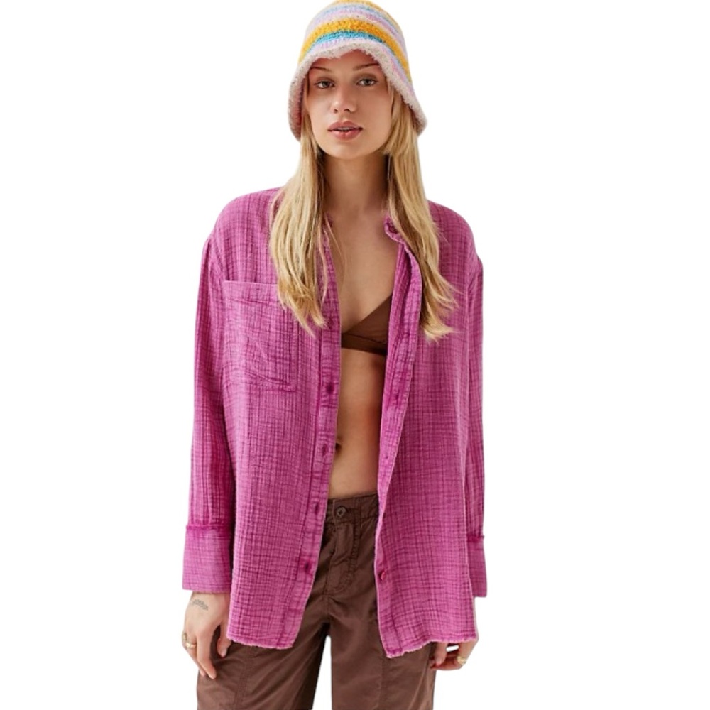 Urban Outfitters Lucy Gauzy Textured Button Down Shirt Magenta Pink XS